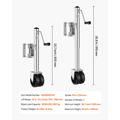 Trailer Jack w/ Wheel 2000lbs Capacity Heavy Duty Swivel Boat Jack w/ PP Single Wheel & Ergonomic Handle 12in Lift for RVs
