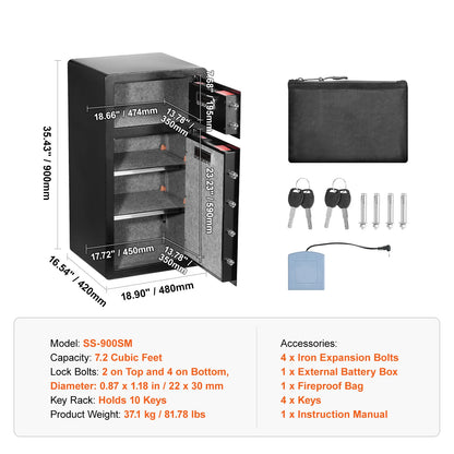 Single/Double Door Safe Box with Key Lock Password & Fingerprint Safe Lock Box with Fireproof Bag Key Rack & LED Light