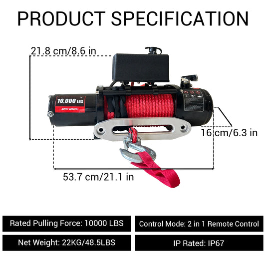 10000lbs 12V Power Electric Winch, IP67 85ft Red Synthetic Rope Truck Winch with Wireless Remote for Towing UTV Off Road Vehicle