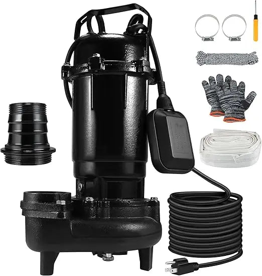 110V Cast Iron Submersible Sewage Grinder Pump with Auto Float Switch, 6400 GPH for Basement Applications