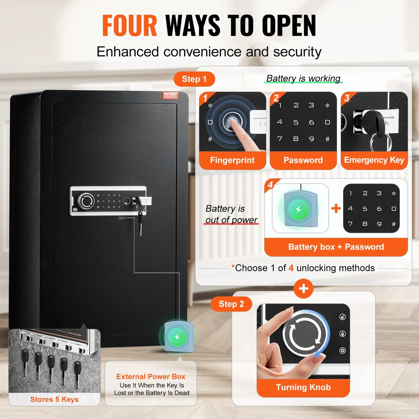 Single Door 4.0 cu.ft Safe Box w/ Key Lock Password & Fingerprint Safe Lock Box with Fireproof Bag Key Rack & LED Light