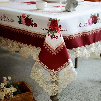 Lace Embroidered Tablecloth, Rectangular Cover,Classic Oblong Antique Flower Decor Macrame Tablecloth, Burgundy