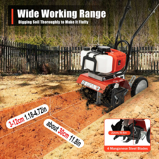 52CC 1700W Gasoline Garden Tiller Cordless 2-stroke Air-Cooled Cultivator Rotary for Trenching Loosening 12in/30cm Wide 12cm dp