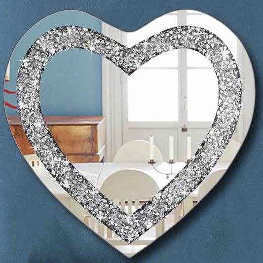 Crystal Crush Diamond Heart Shaped Silver Mirror for Wall Decoration 20x20x1 inch Wall Hang Frameless Mirror Acrylic Diamond Dec