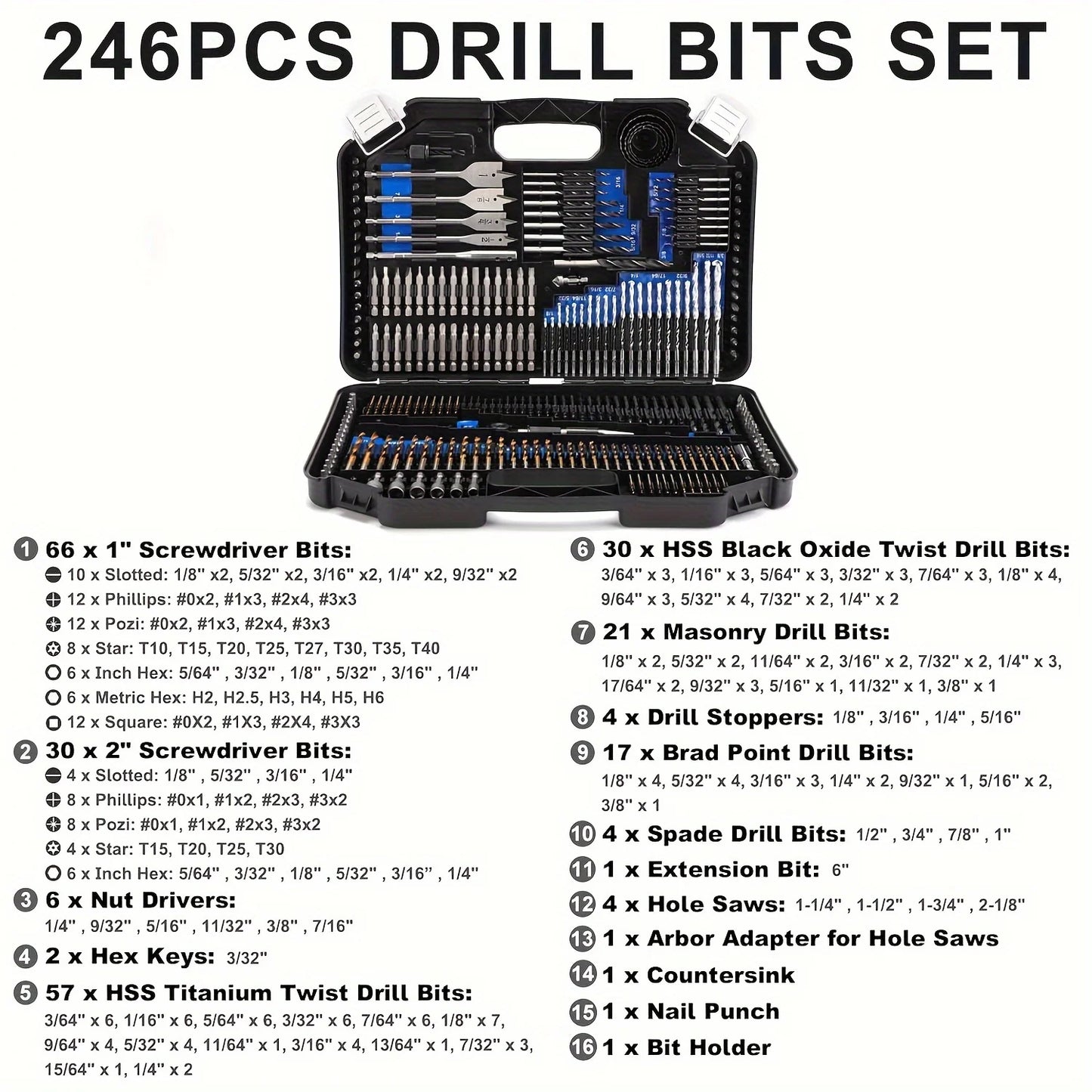 246-Pieces Drill Bit Set,Drill Bits and Driver Set for Wood Metal Cement Drilling and Screw Driving,Full Combo Kit Carrying Case