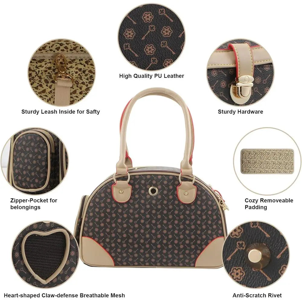 Fashion Dog Carrier PU Leather Dog Handbag Dog Purse Cat Tote Bag Pet Cat Dog Hiking Bag, Brown, Small 38 * 23 * 17cm