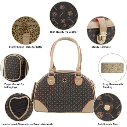 Fashion Dog Carrier PU Leather Dog Handbag Dog Purse Cat Tote Bag Pet Cat Dog Hiking Bag, Brown, Small 38 * 23 * 17cm