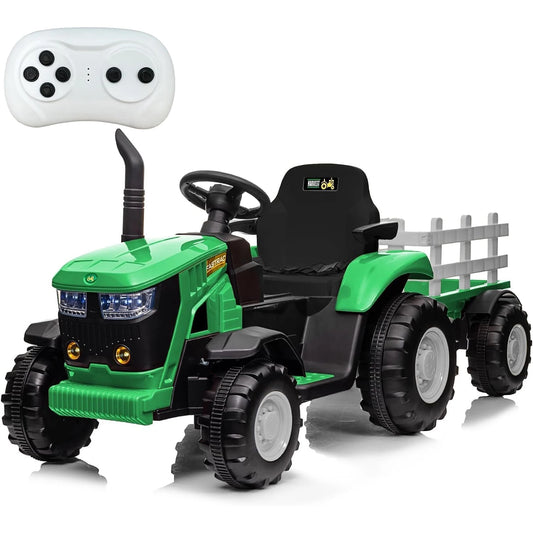12V Kids Ride On Tractor with Trailer,Remote Control,Battery Powered,35W Dual Motors,6 Wheels,Bluetooth,Music,Spring Suspension