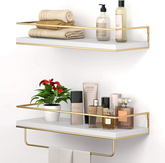 White Floating Shelves Set of 2 with Golden Towel Rack, Wall Mounted