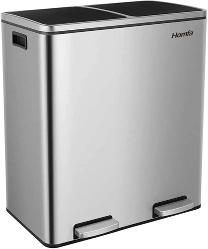 16 Gal Stainless Steel Kitchen Trash Can Dual Recycling Bin Garbage Can with Soft-Close Lid