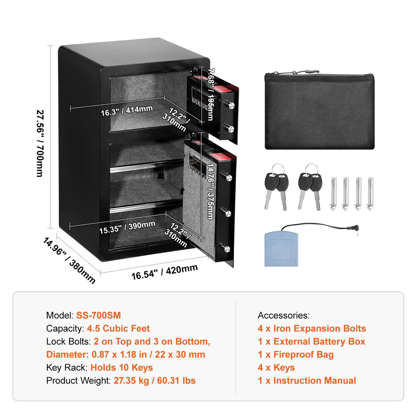 Single/Double Door Safe Box with Key Lock Password & Fingerprint Safe Lock Box with Fireproof Bag Key Rack & LED Light