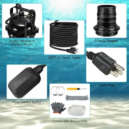 110V Cast Iron Submersible Sewage Grinder Pump with Auto Float Switch, 6400 GPH for Basement Applications