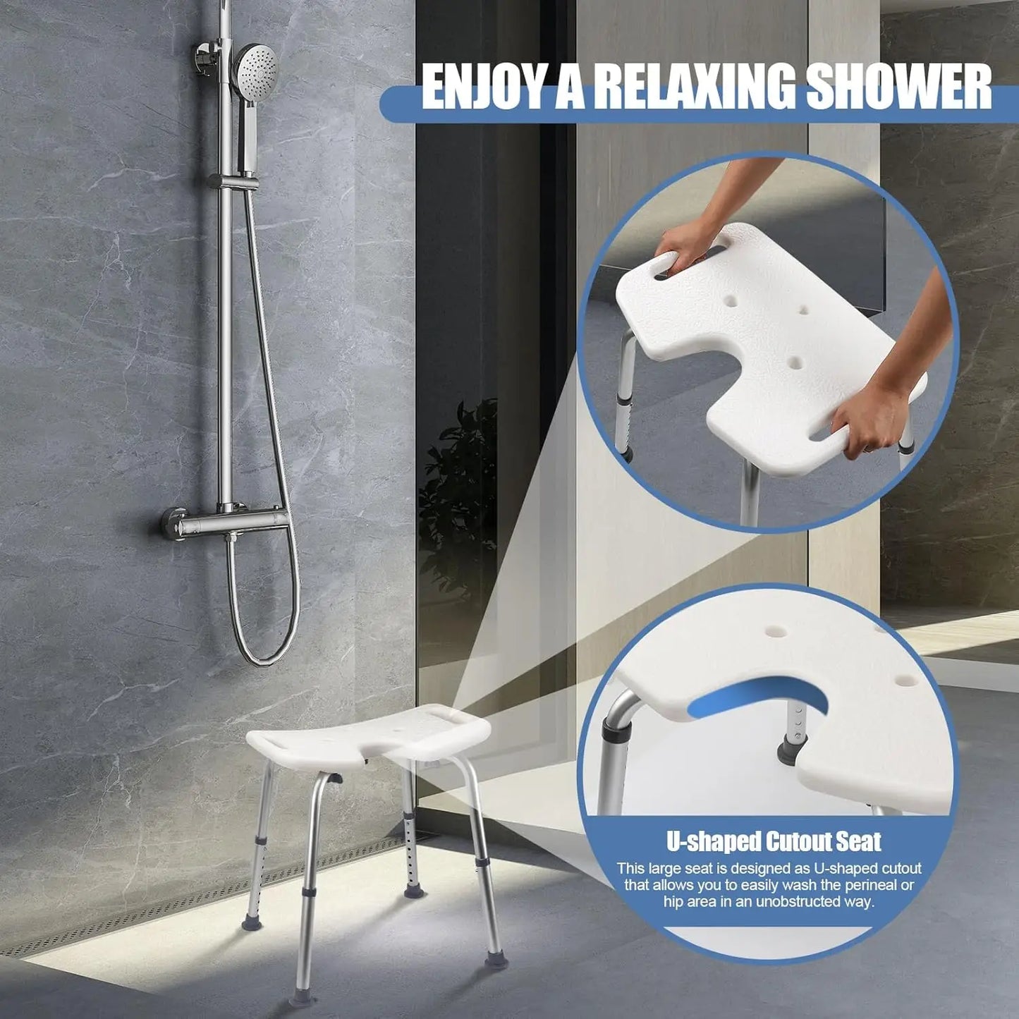 Adjustable U-Shaped Shower Chair with Open Seat, Non-Slip Bath Stool for Adults & Elderly