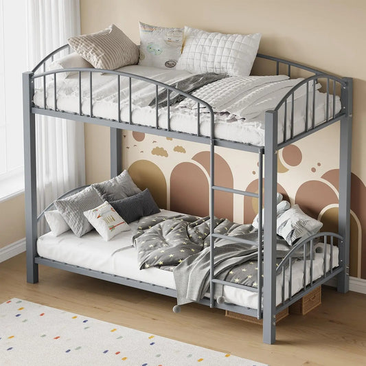 Metal Loft Bunk Beds Twin Over Full Size with Heightened Safety Guardrail & Ladder