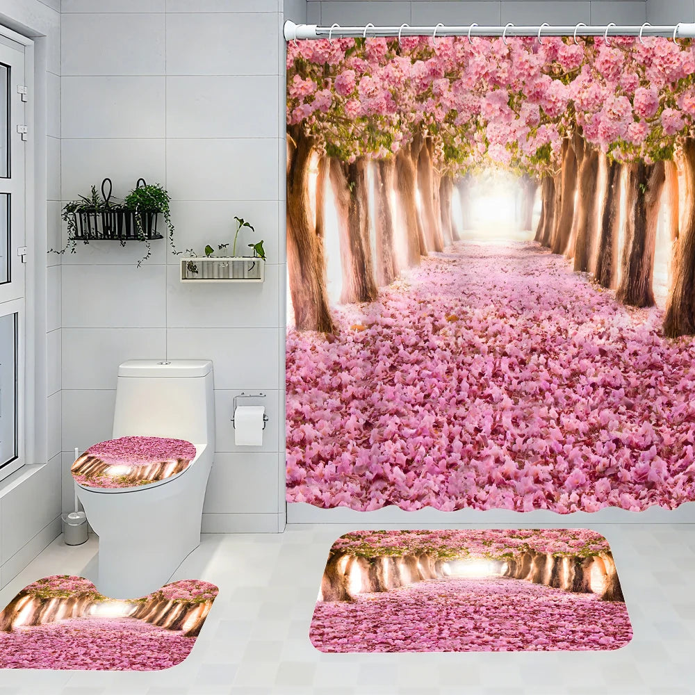 Pink Forest Bathroom Four-piece Set - Waterproof Shower Curtain, complete bathroom kit