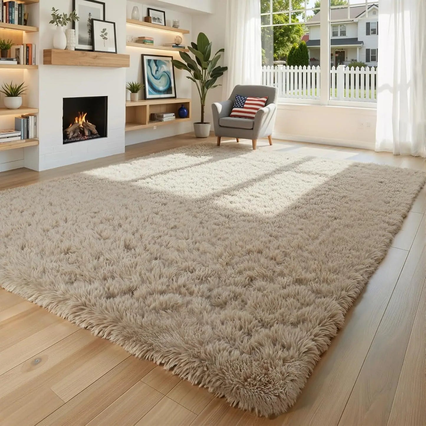 Fluffy Shag Area Rug, Beige, for Living Room, Bedroom, Anti-Skid Soft Home Decor