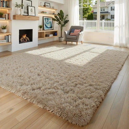 Fluffy Shag Area Rug, Beige, for Living Room, Bedroom, Anti-Skid Soft Home Decor